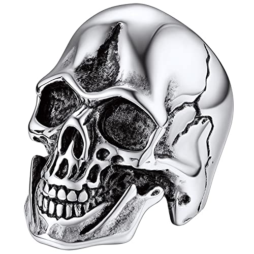 ChainsHouse Skull Rings for Men, Stainless Steel/Black Plated Gothic Rings, Skeleton Cocktail Party Biker Ring, Offer Custom Service, Size 7-14, Send Gift Box B: Skull Head-Steel-No Custom 1