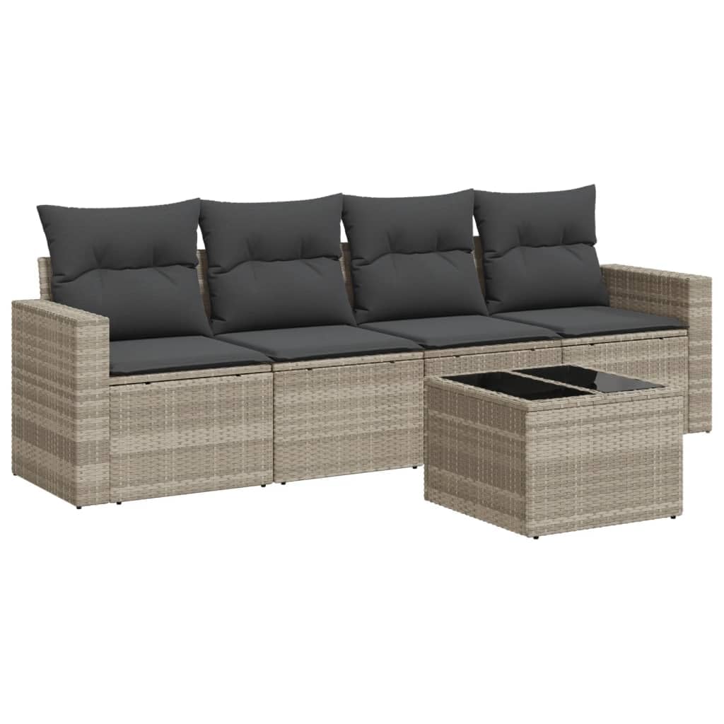 Sofá de jardín de 5 piezas con cojines de polirratán, color gris claro, diseño modular con compartimento de almacenamiento y fundas extraíbles, tablero de cristal templado, ratán PE resistente