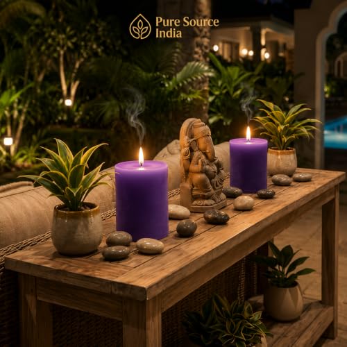 Image of Pure Source India Scented Pillar Candle (3X3 INCH) Decorative Candle for Living Room, Diwali Decor, Gifting, Spa & Meditation (Lavender)