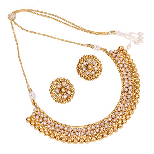 SANARA Indian Bollywood Ethnic Gold Plated Choker Style Green Necklace Set for Partywear Women and Girls Wedding Polki Jewelry (White)