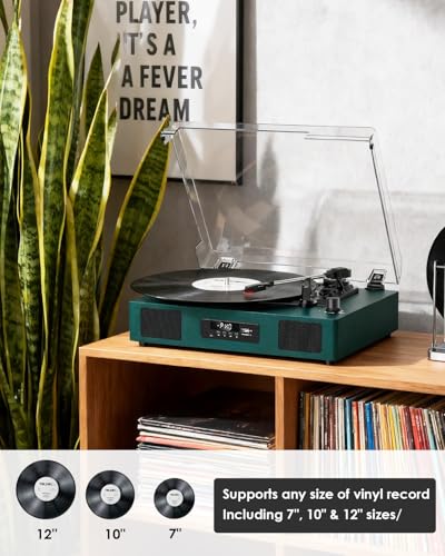 Image of Vinyl Record Player Bluetooth Turntable with Built-in Stereo Speakers USB Recording 3 Speeds Belt Drive Turntables Support RCA Output, LED Display, EQ, Green
