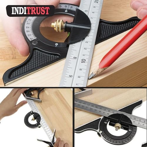 Image of Inditrust 12 inch 300mm Sprit Level Combination Square with GLOVES Protractor Iron Cast Tri- Square Angle Ruler Machinist Measuring Tool Set - Multicolor