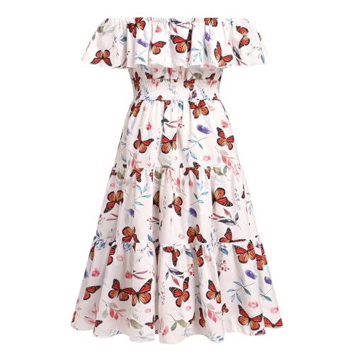 Floral Butterfly Off Shoulder Girl Dress Ruffle Smocked Waist Back to School Outfits Teen Birthday Maxi Swing Sundress2