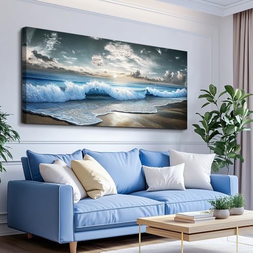 MHARTK66 Blue Ocean Canvas Wall Art Large Paintings For Living Room Landscape Nature Artwork For Walls Wall Decor For Bedroom Beach Pictures Office Waves Poster Modern Home Decorations 30x60 by MHARTK66 - Image 2