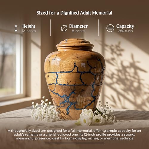 Image of Extra Large Wooden Cremation Urns for Human Ashes - 280 Cubic Inches Funeral Memorial Urn for Adult Women & Men - Blue Decorative, Burial Urn for Male or Female Memorial Display