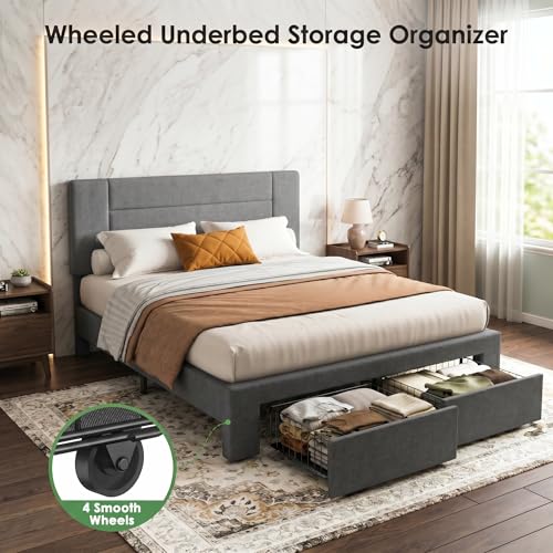 Image of Marsail Full Size Upholstered Bed Frame with 2 Storage Drawers, Adjustable Headboard, Fits 6-12 Inch Mattress, 1300LBS Heavy Duty Support, 12-Leg Solid Wood Structure, Dark Gray