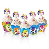 Bomcan 48 Pcs Baby Shark Cupcake Toppers and Wrappers, 24 Set Cute Shark Cupcake Liners & Decorations for 1st, 2nd Boys and Girls Birthday Party, Baby Shower, Shark Themed Party