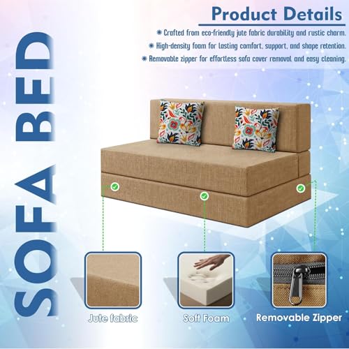 Image of Los Angeles Foldable 2 Seater Sofa Cum Bed, Sofa Bed 4X6 Feet Jute Fabric Washable Cover- Including Cushion Perfect for Living Room