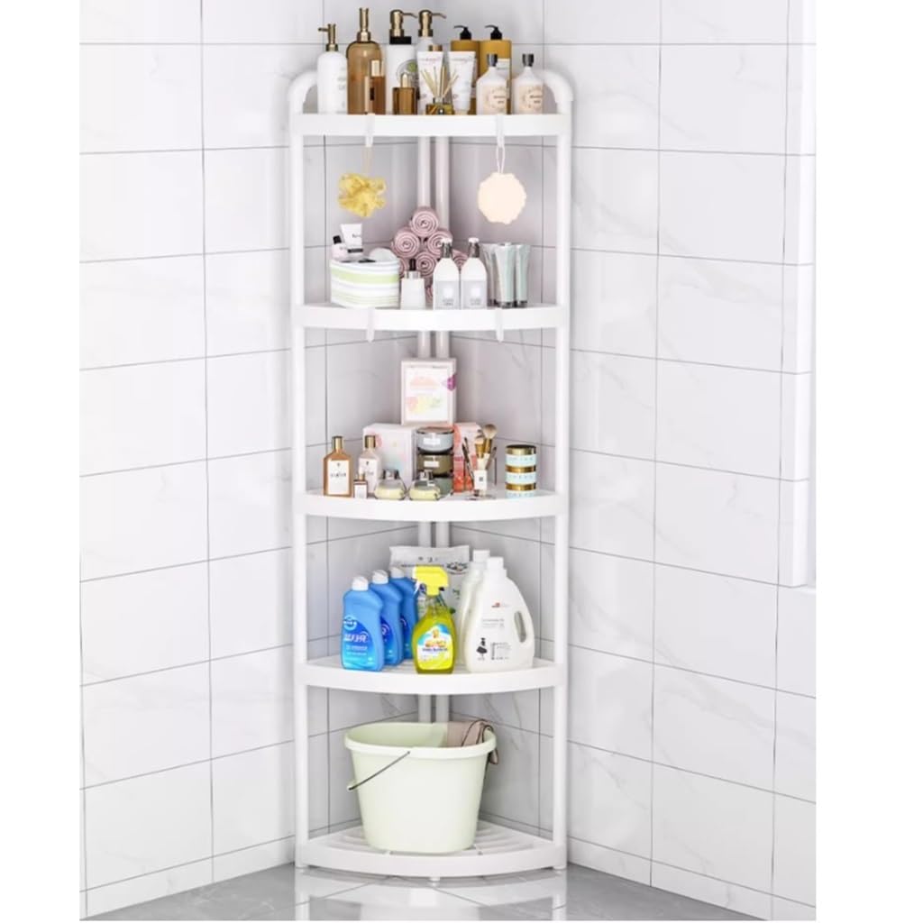 Estante de baño de 5 niveles, organizador de estante de almacenamiento de esquina grande y compacto de plástico para oficina, sala de estar, dormitorio, color blanco