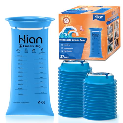 Hion Bolsas desechables para vómitos, paquete de 27 bolsas Emesis de 1000 ml, resistentes a fugas, grado médico, portátiles, perfectas para enfermedades por movimiento, automóviles y aeronaves,