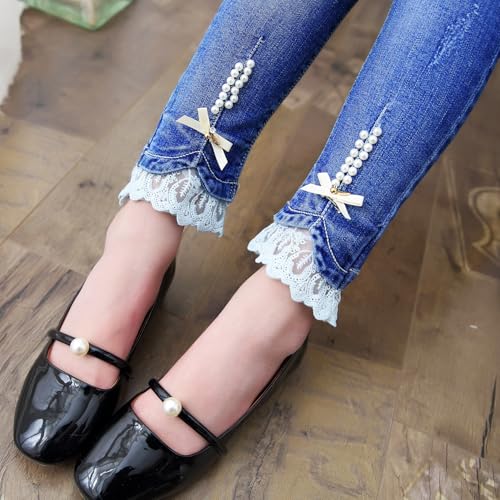 Girls Stretch Jeans with Machine-Secured Pearls, Lace Trim Bow & Elastic Waist for Ages 4-132