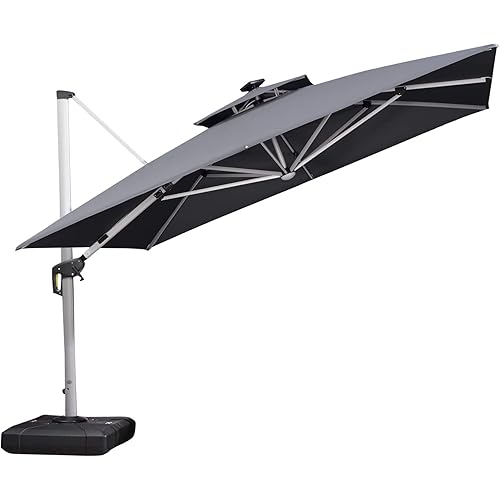 PURPLE LEAF 11 Feet Double Top Deluxe Solar Powered LED Square Patio Umbrella Offset Hanging Umbrella Outdoor Market Umbrella Garden Umbrella, Grey