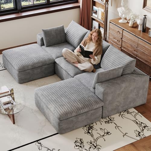 Image of 103 inch Cloud Couch Modular Sectional Sofa for Living Room, U-Shape Boneless Couch with Deep Seat, Modern Corduroy 3-Seater with Ottoman, No Assembly Required, Light Grey