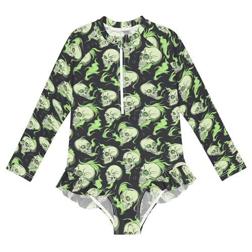 Skull Fire Girls Long Sleeve Rashguard Swimsuit UV Protection One-Piece Swimwear Bathing Suit B0404431