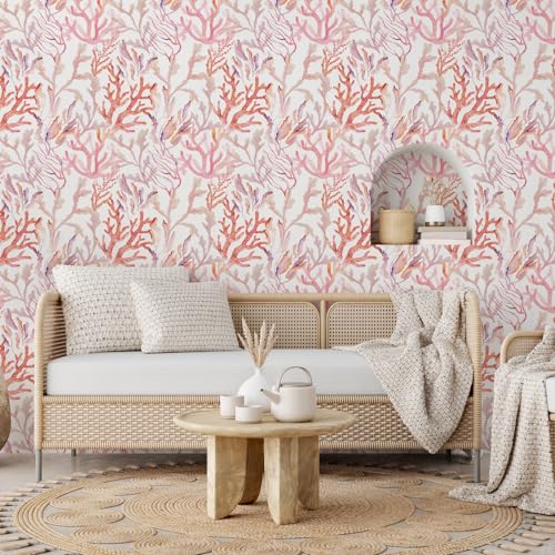 Tempaper Rose Pink Coral Reef Removable Peel and Stick Coastal Wallpaper, 20.5 in X 16.5 ft, Made in The USA by Tempaper - Used condition - Image 4
