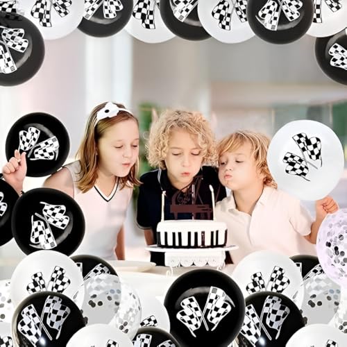 Image of GREATRIL Racing Theme Birthday Balloon Set - 16 Pcs Decoration Kit with 2 Tyre Foil Balloons, 2 Happy Birthday Foil Balloons, 4 White Balloons, 4 Black Balloons, and 4 Confetti Balloons