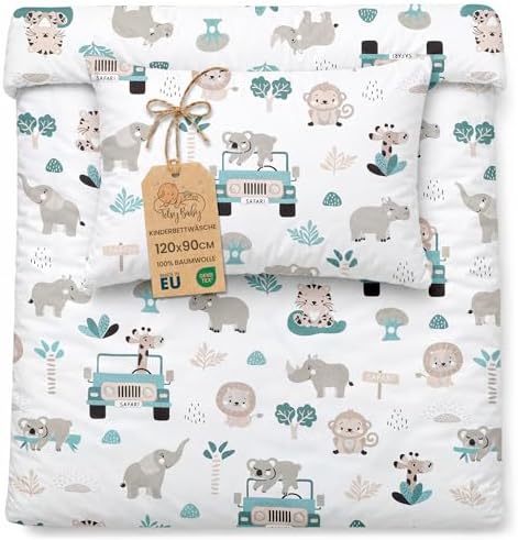 Kinderbettwäsche 90 x 120 cm cm aus Baumwolle Bettbezug Kissenbezug | Wende Babybettwäsche mit Reißverschluss für Jungen und Mädchen Kleinkind Oeko-Tex zertifiziert weich Afrika