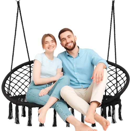Outtec Doppelte Hängeschaukel Boho Stil 130×75 cm – 200 kg Belastbarkeit, Metallrahmen, 4 Seile mit Metallringen, Innen/Außen, Fransen, Weiß, Balkon Garten Schaukelstuhl