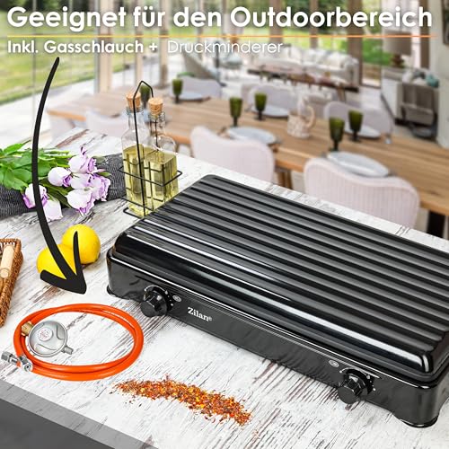 2 Flammiger Gaskocher Schwarz Campingkocher Gas Kochfeld Gasherd Hockerkocher abnehmbarer Deckel Camping Gaskocher 2-Flammig Gas Kochplatte 30mbar - 50mbar geeignet (Mit Gasschlauch & Druckminderer) – Bild 5
