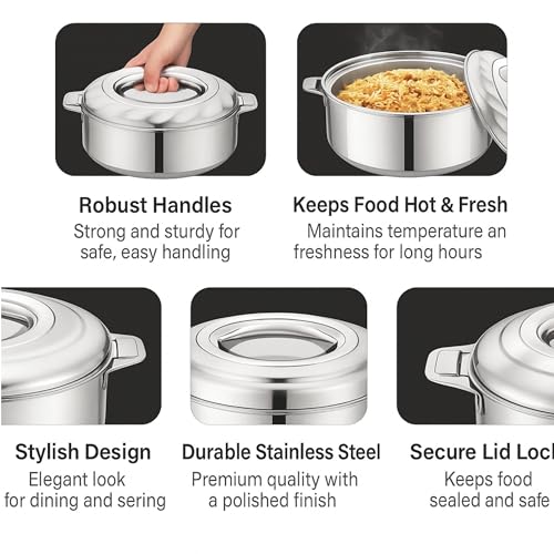 Image of Stainless Steel Casserole with Lid, Set of 3 (1000 ml, 1500 ml, 2500 ml), Double Wall Insulated Hotpot, Keeps Food Hot & Fresh, Durable Heavy Duty, Ideal for Roti, Rice, Curry, Biryani - Silver