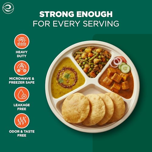 Image of ECO SOUL | Round 4 Compartment Bagasse Plates | 11 Inch - Pack of 25 | Disposable Plates Big Size | Beige Eco-Friendly Sugarcane Plates | Sturdy, Compostable & Heat-Safe