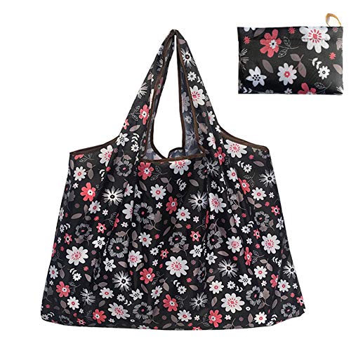 SZMYLED Sacs de courses réutilisables et pliables - Grande taille - Sacs d'épicerie avec poignée - Sac de rangement en tissu robuste - Fleur noire - 130 XL Black Flower 130 Xl L