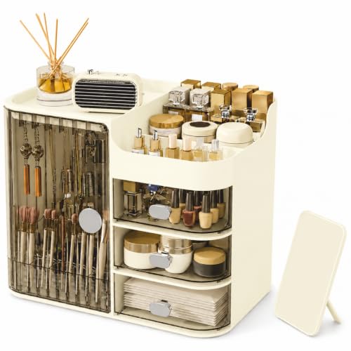 Image of JIALTO Makeup Organizer Box with 4 Compartments- Cosmetic Storage Box & Organiser with Drawers and Brush Holder- Dustproof & Waterproof Makeup Stand for Women- Dressing Table & Vanity Storage