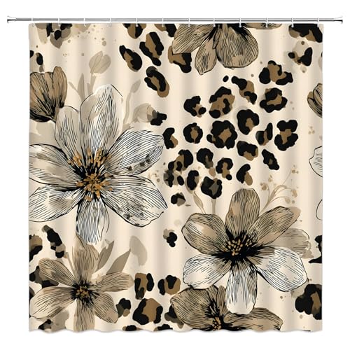 Leopard Shower Curtain Floral Sketch and Cheetah Print Vintage Tan Black Bathroom Home Curtain with Hooks 70x70 Inch