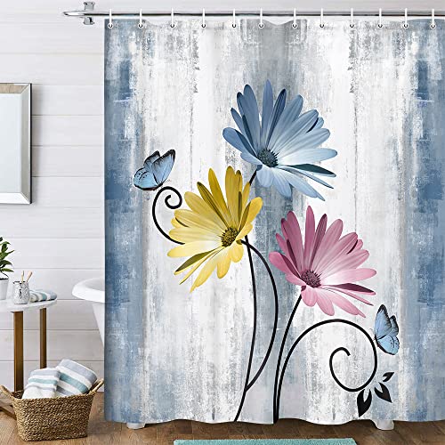 Rustic Farmhouse Shower Curtain, Farm Blue Daisy Floral Flowers and