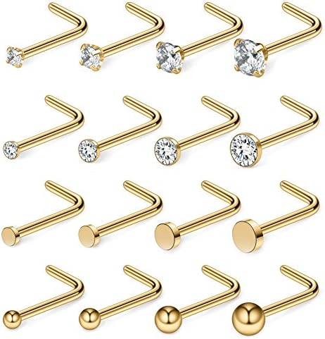 Ruifan 16PCS 20G Surgical Steel 1.5mm 2mm 2.5mm 3mm Top Flat & Ball & Clear Round & Jeweled Clear CZ Curved Nose Stud Ring L Shaped Piercing Jewelry - Gold