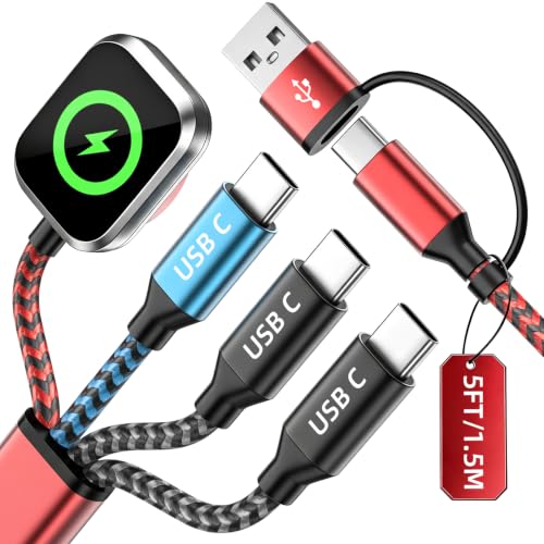 Image of Travel Essentials Triple USB C 4in2 Multi Charging Cable for iWatch Charger | USB A /C to 3 TypeC /iPhone Watch Charger, Charging Cables for Multiple Devices for iWatch 11-2 /Ultra&iPhone 17- 8 /Android,5FT