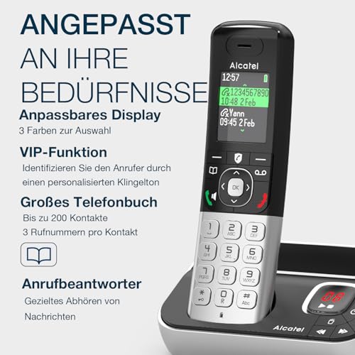 ALCATEL FX990 Voice Trio - Schnurloses DECT-Telefon mit Anrufbeantworter 50 Min. - Hochauflösendes Farbdisplay - Freisprechfunktion - Anrufsperre - VIP-Klingelton - 3 Mobilteile - Schwarz/Grau