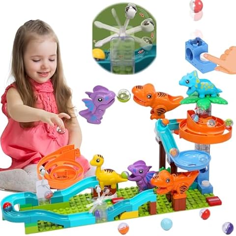 Dinosaur Marble Run Building Blocks: STEM Marble Maze Game Marble Run for Kids Ages 3-5 4-8 Ultimate Dinosaur Toy Set with Track Launcher Gravity Hammer,Compatible with Major Brands Cover