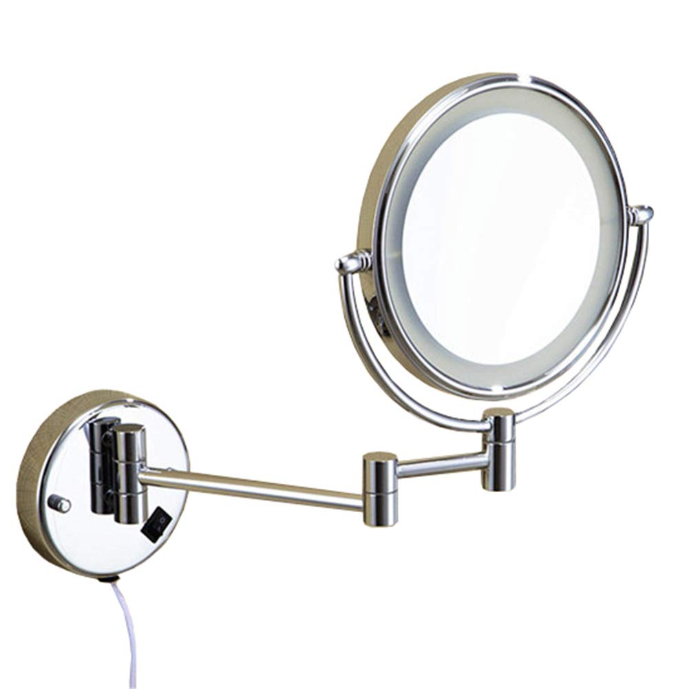 Espejo de maquillaje Montaje en pared, giratorio 360° Doble Cara Aumento 3X Espejo de baño extensible Espejo de afeitar de Forma Redonda plegable con Luz LED,Silver_8inch (Silver 8inch)