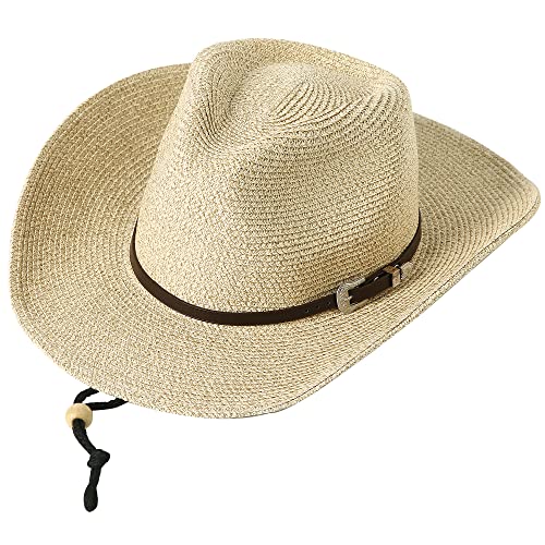Lanzom Women Men Summer Western Straw Cowboy Cowgirl Hat Shapeable Wide Brim Staw Beach Sun Hat (Medium, Print Beige) #TOP3