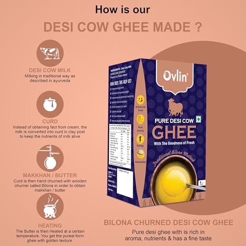 Image of Ovlin Pure Desi Cow Ghee 1L (1000 ml) | Traditional Bilona Method Cow Ghee | Premium A2 Style Desi Cow Ghee | Rich Aroma & Grainy Texture (Danedar) | Natural Indian Cooking Ghee