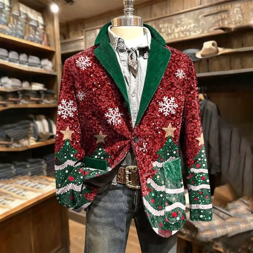 Weihnachtsmantel Herren Cord Retro Weihnachten Herrenjacke Button Down Weihnachtsmann Mantel Slim Fit Weihnachtsblazer Weihnachtsmotiv Weihnachtsjacken mit Taschen Wintermode Langarm Freizeitjacke