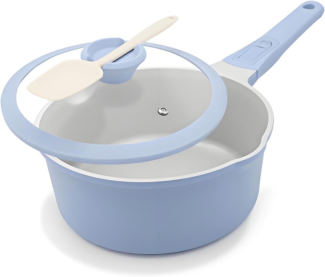 AIKENBBKK 1.5 Quart Ceramic Nonstick Saucepan with Lid, Small Sauce Pot with Pour Spouts for Multipurpose Use, milk Pan with Detachable Handle, Oven Safe, Blue