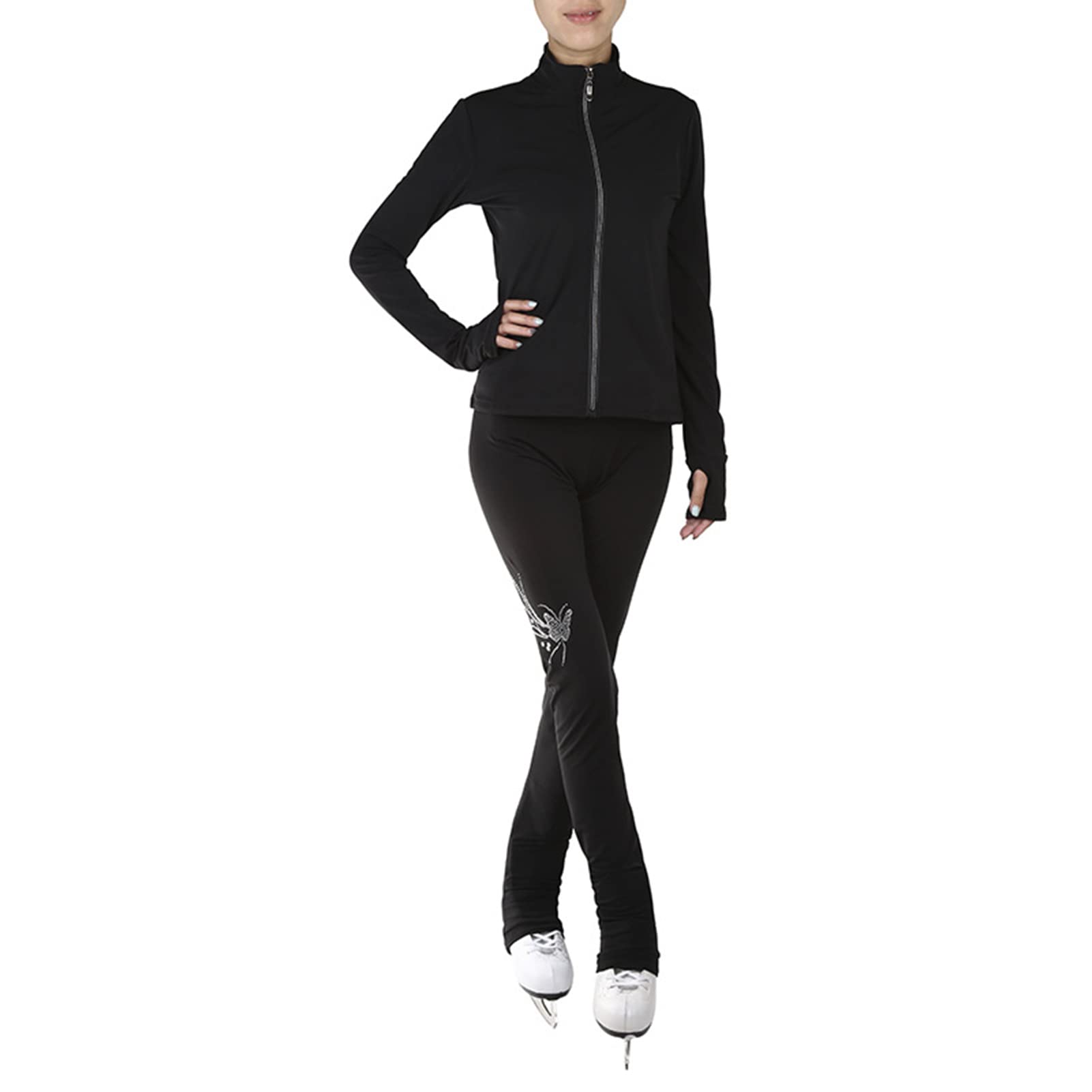 Generico Pantaloni E Giacche da Pattinaggio Artistico Sets per Donna E Ragazza, Tute Pattinaggio Artistico Professionale Caldo per L'allenamento(Size:160,Color:Nero)