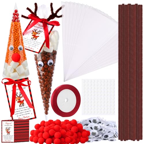 Spakon 401 Pcs 50 Set Christmas Cellophane Cone Treat Bags Diy Santa Claus Magical Reindeer Max Party Favor Gift Topper For Goodie Cotton Popcorn Food Candy Supplies Adults Suitable For 15+