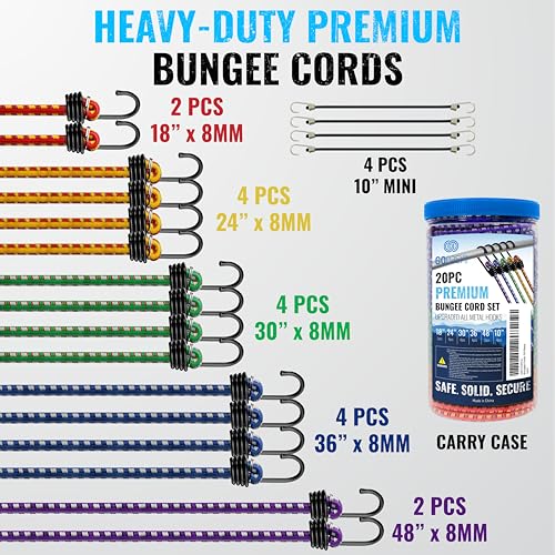 Image of GOEASY0312 Premium Bungee Cords Heavy Duty, Multi-Color | 20 pcs with Hooks, Storage Jar Included, 10 inch, 18 inch, 24 inch, 30 inch, 36 inch, 48 inch Bundle