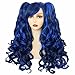 ANOGOL Hair Cap + Blue Mix Black Wig Costume With 2 Curly Ponytail Wig Long Curly Wig For Cosplay & Halloween Party