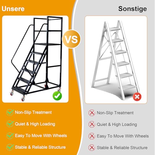 Image of 6 Step Rolling Ladder - Mobile Rolling Stairs with Wheels, Heavy Duty Industrial Safety Non-Slip Metal Rolling Ladders, 1100lbs Capacity, for Warehouse, Garage, Supermarket