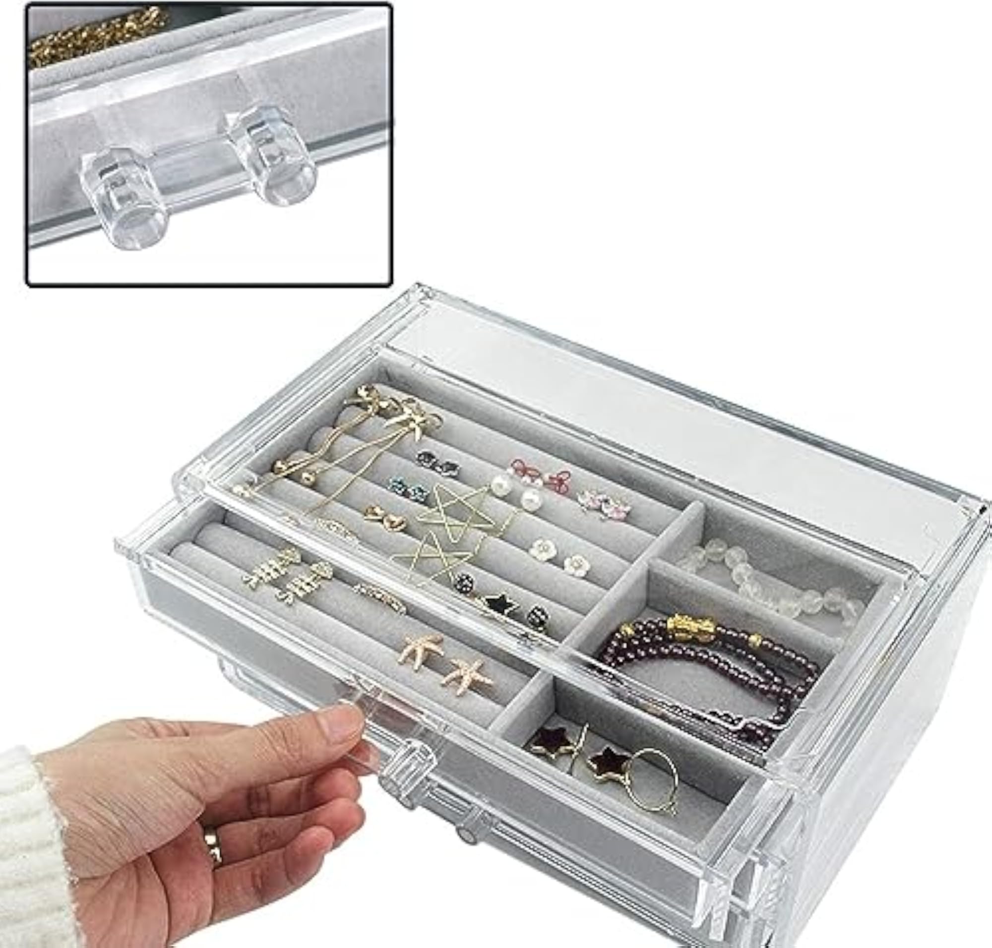 Acrylic Jewelry Box with 3 Drawers, Velvet Organizer