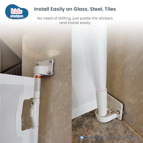 Image of Kids Station Retractable Safety Gate for Kids with Glass Mounting Stickers - Barrier Fence - for Door and Hallways - Retractable Mesh - Height 90cm or 2.9ft - Expandable to 180cm or 6ft (Black)