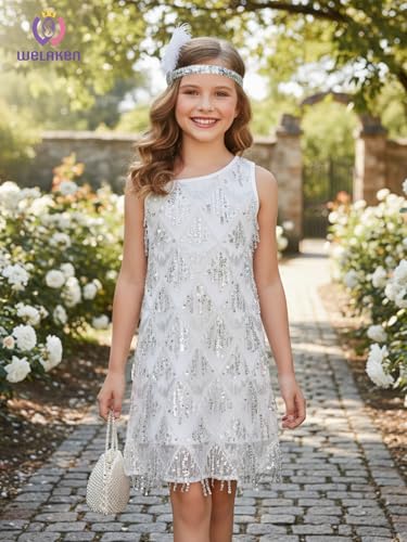 WELAKEN Girls One Shoulder Sequin Fringe Flapper Dress with Side Zipper2
