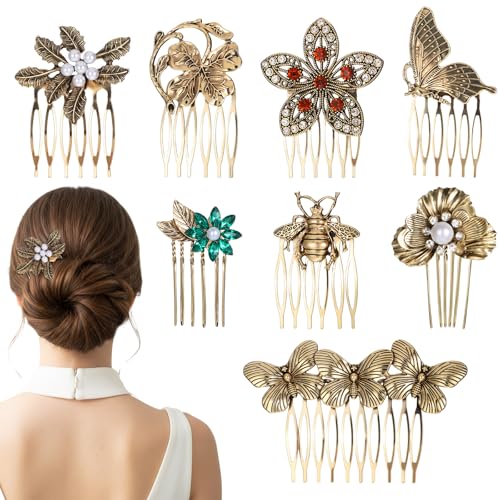 8 Stück Vintage Haarkamm Zum Stecken Retro Gold Haarkämme Damen Haar Seite Kämme Frauen Dekorative Mit Perlen Strass Schmetterlings Blumen Französischer Seitenkamm Braut Haar Accessoires Hochzeit