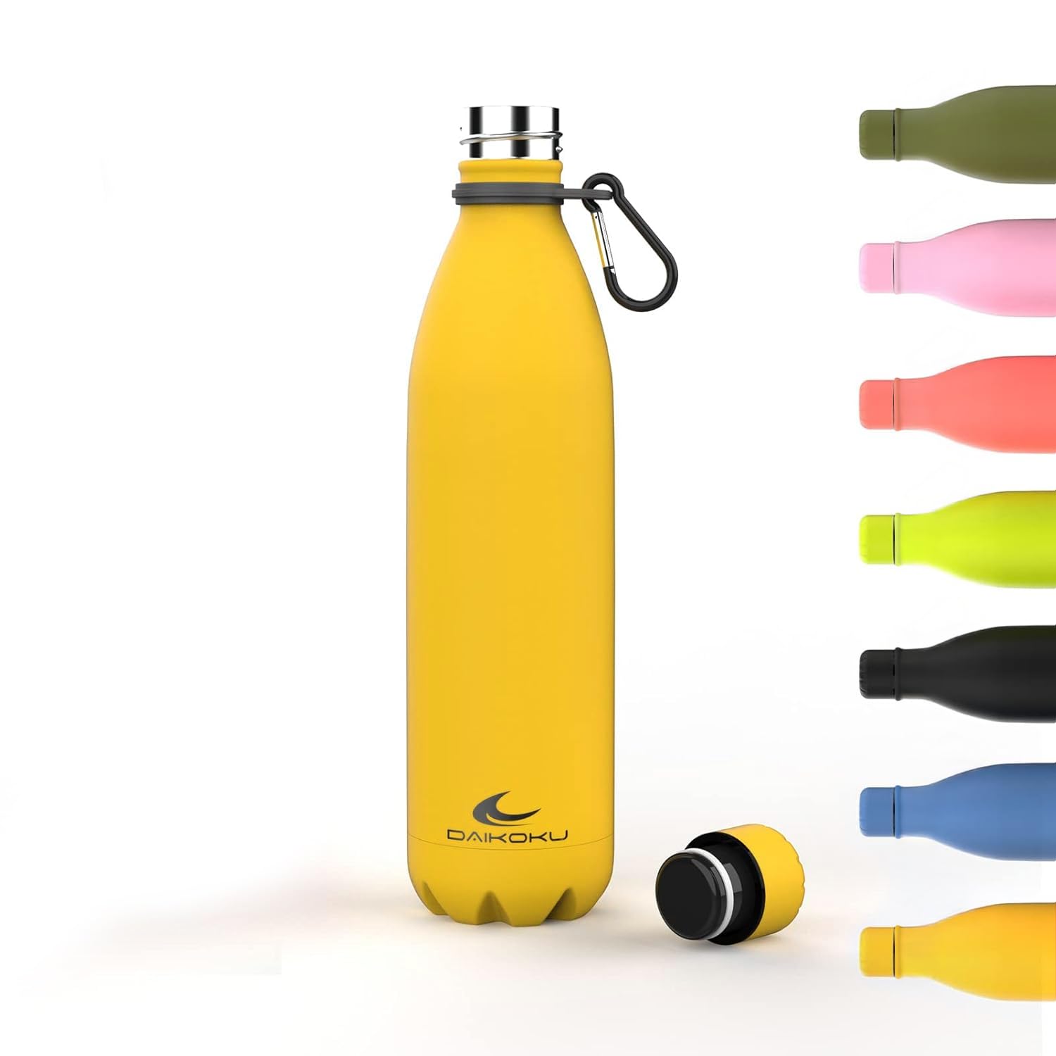 Daikoku Stainless Steel Bottle + Adjustable Strap + Carabiner, BPA Free Double Walled Thermos, Reusable Water Bottle, Airtight Cap, Colour Yellow, Capacity 750 ML