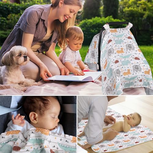 Image of Metplus Car Seat Cover Baby boy, 100% Muslin Cotton Infant Carseat Covers, Lightweight Breathable Car Seat Canopy, Summer Stroller Sun Shade, Newborn Travel Essentials(Animal Party)