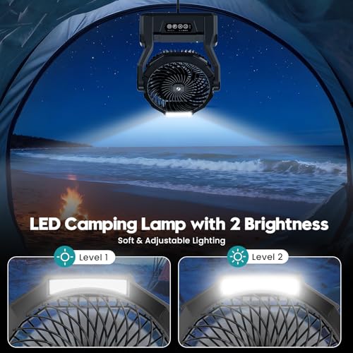 XZK Camping Fan, Rechargeable Battery Powered Tent Fan with 64H Runtime, LED Light, 4-Speed Quiet Portable Fan for Outdoor, Travel, Fishing, Jobsite, Emergency, Gift for Men-20000mAh(Dark Black) - Image 5